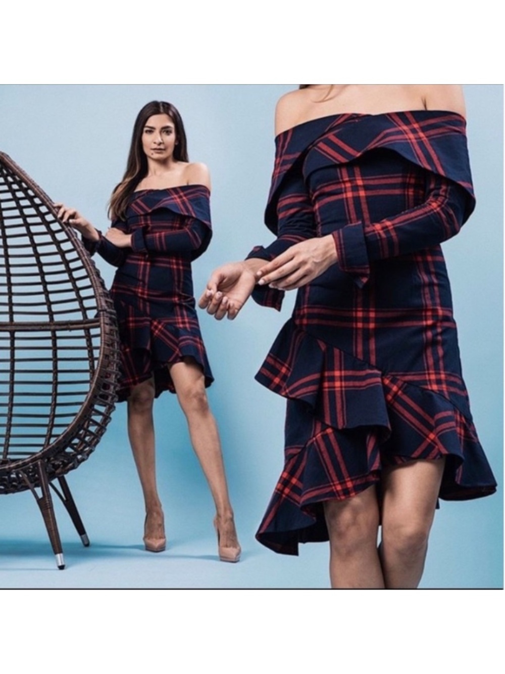 By Egreis | Elina Off-Shoulder Plaid Ruffle Hem Dress Navy Red NWT S